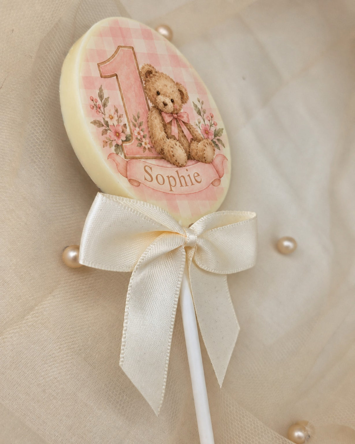 Personalised 1st Birthday Favours with Pink Teddy Bear Name and Age Printed Chocolate