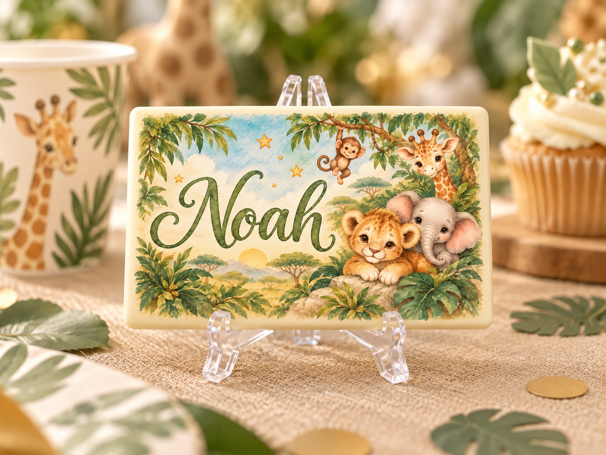 Personalised Jungle Safari Themed Birthday Table Place Names and Party Favours
