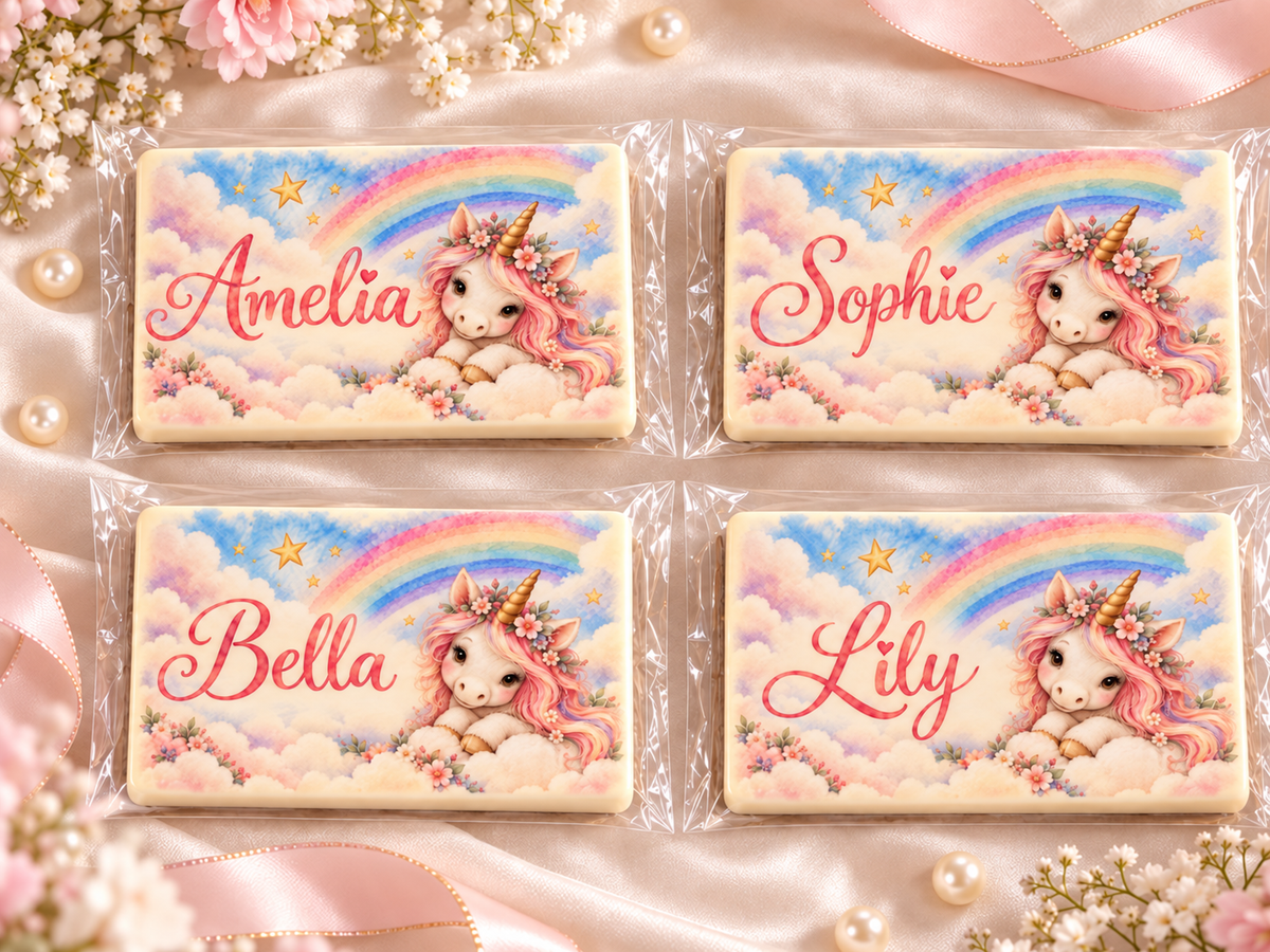 Personalised Unicorn Themed Birthday Table Place Names and Party Favours Printed on to the Chocolate with mini acrylic easels