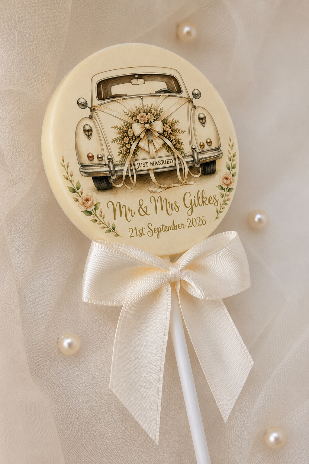 Personalised Just Married Wedding Favour Belgian Chocolate Lollipop
