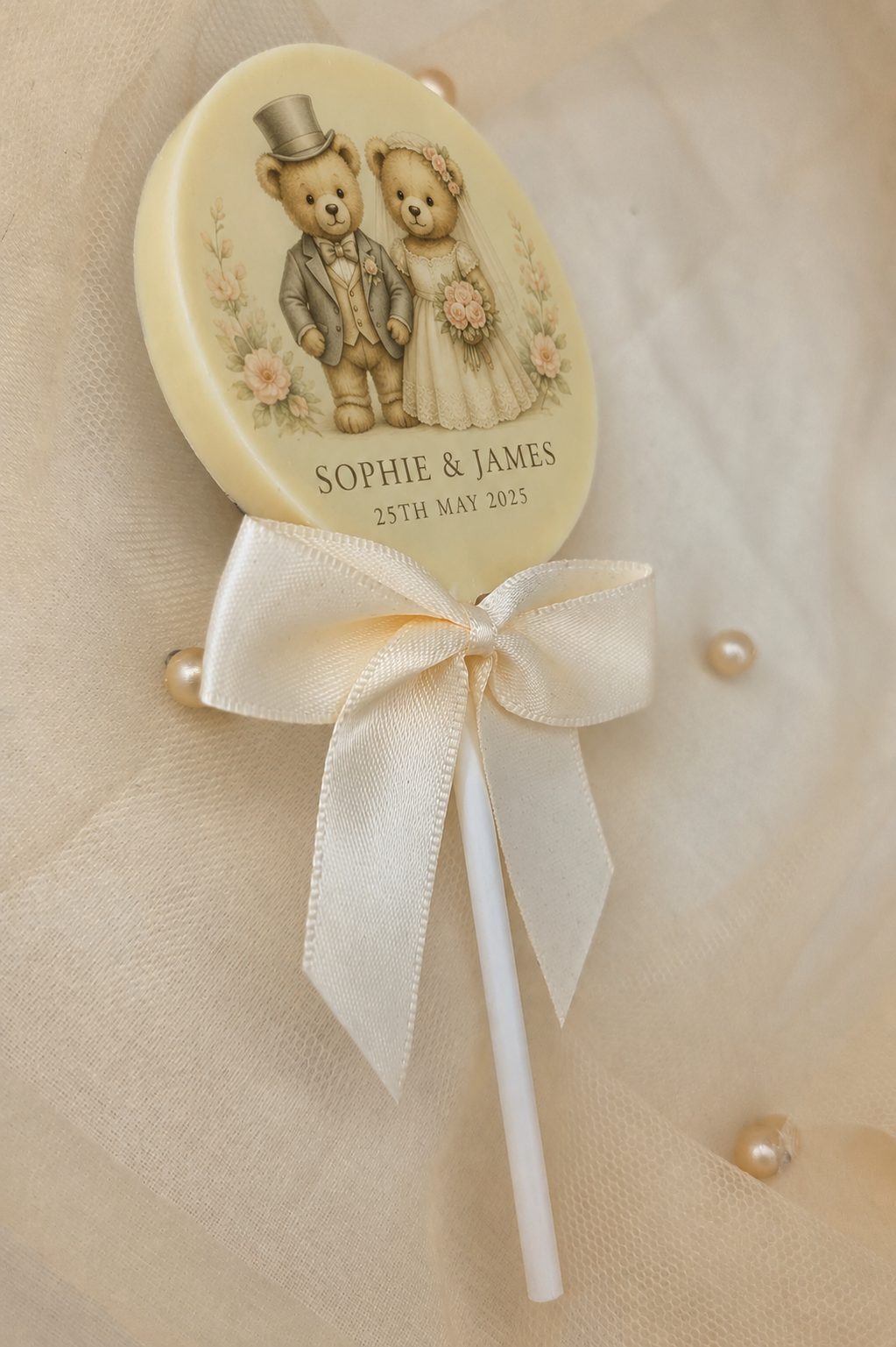 Personalised Teddy Bear Bride and Groom Wedding Favour Belgian Chocolate Lollipop