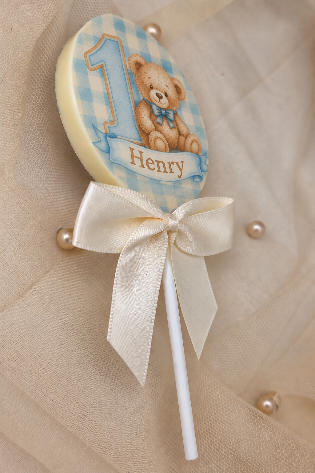 Personalised 1st Birthday Favours with Blue Teddy Bear Name and Age Printed Chocolate