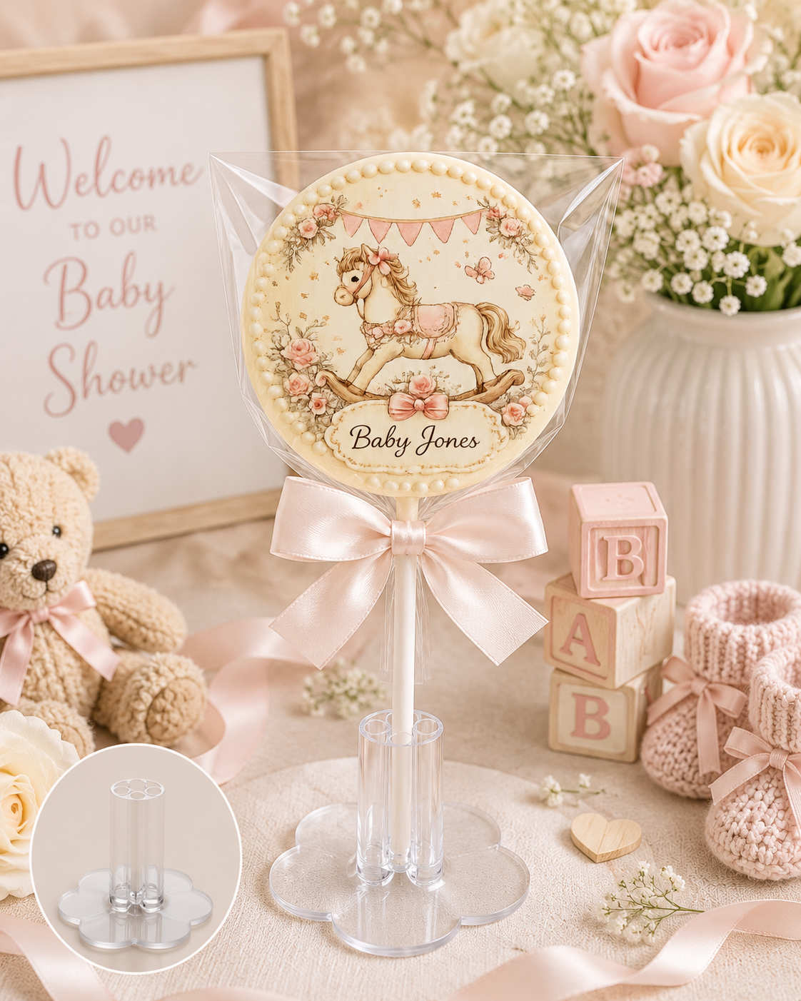 Personalised Rocking Horse Baby Shower Chocolate Keepsake In Pink