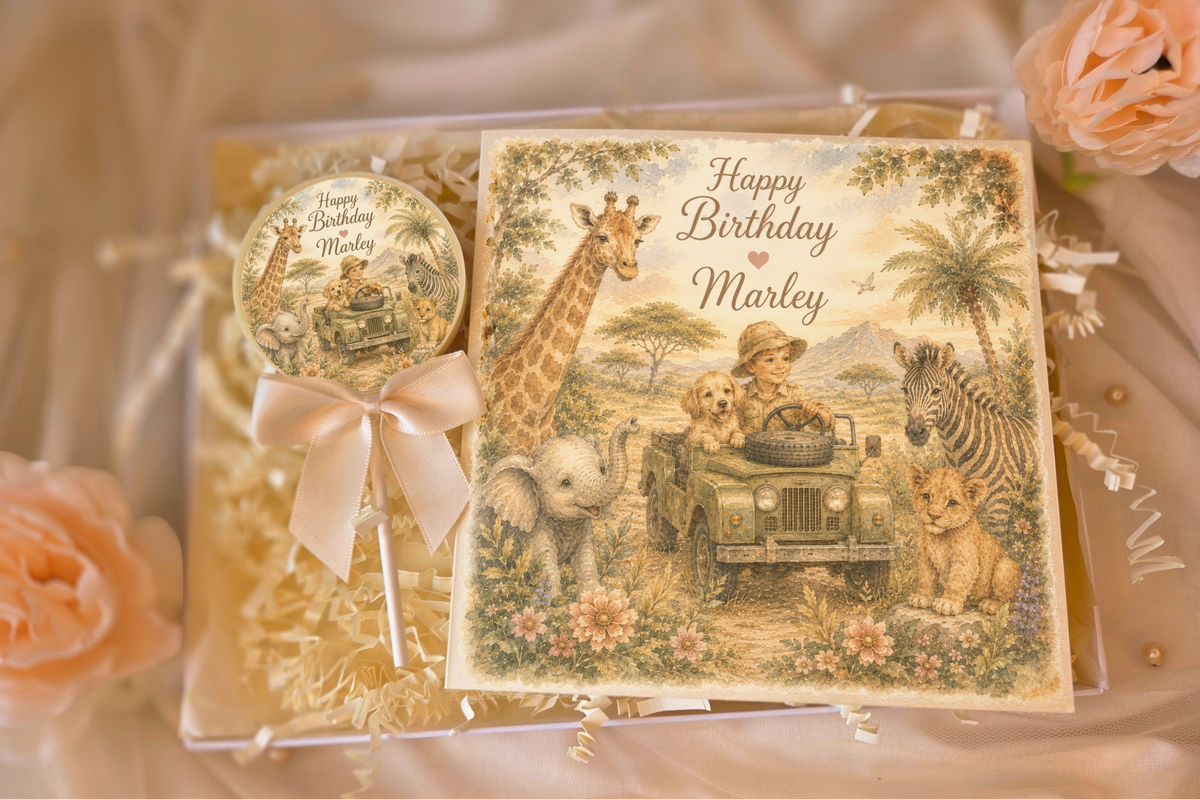 Personalised Safari Birthday Card and Chocolate Gift Box
