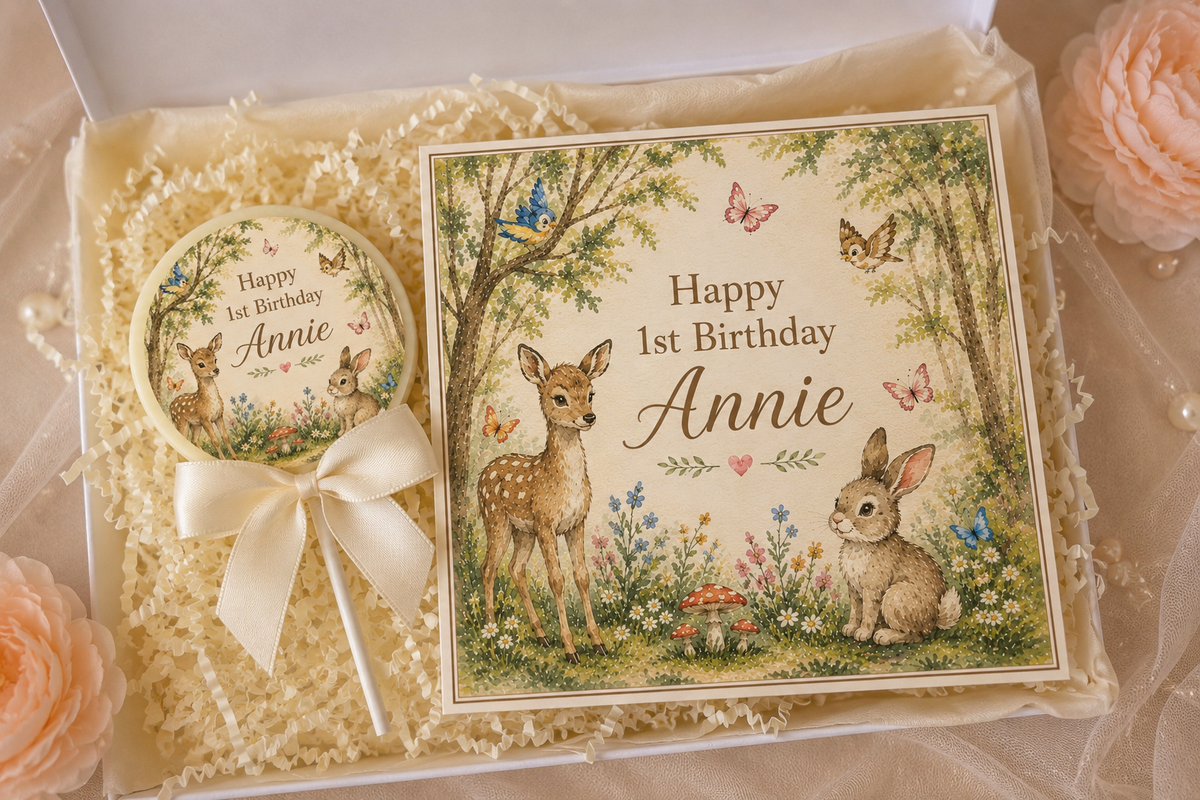 Personalised Woodland Friends Birthday Card and Chocolate Gift Box