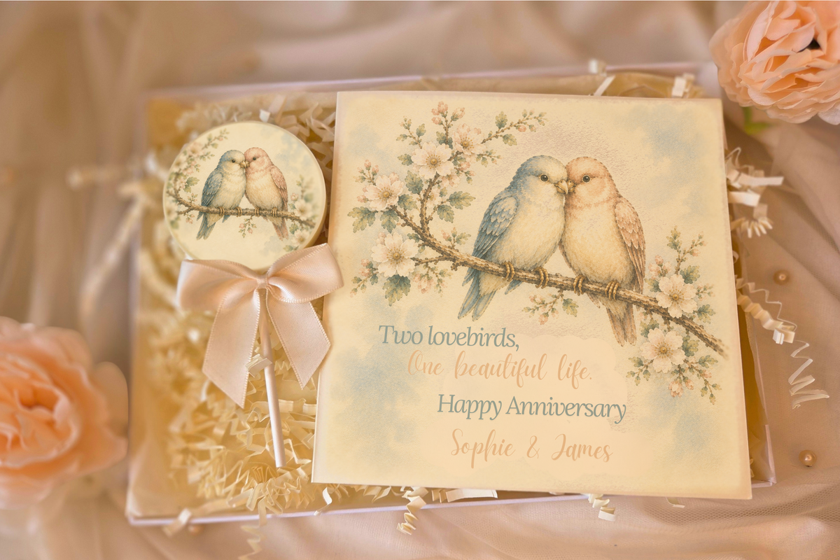 Personalised Love Birds Anniversary Card and Chocolate Gift Box