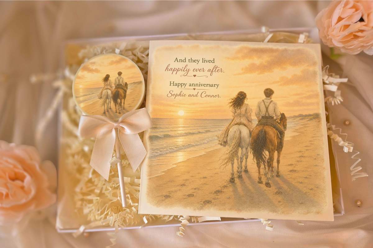 Personalised And They Lived Happily Ever After Beach Sunset Romance Anniversary Card and Chocolate