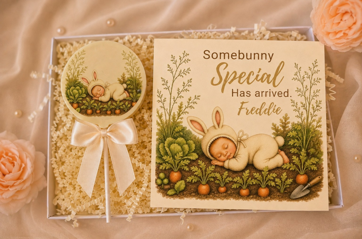 Personalised Sleeping Bunny New Baby Card and Chocolate Gift Box