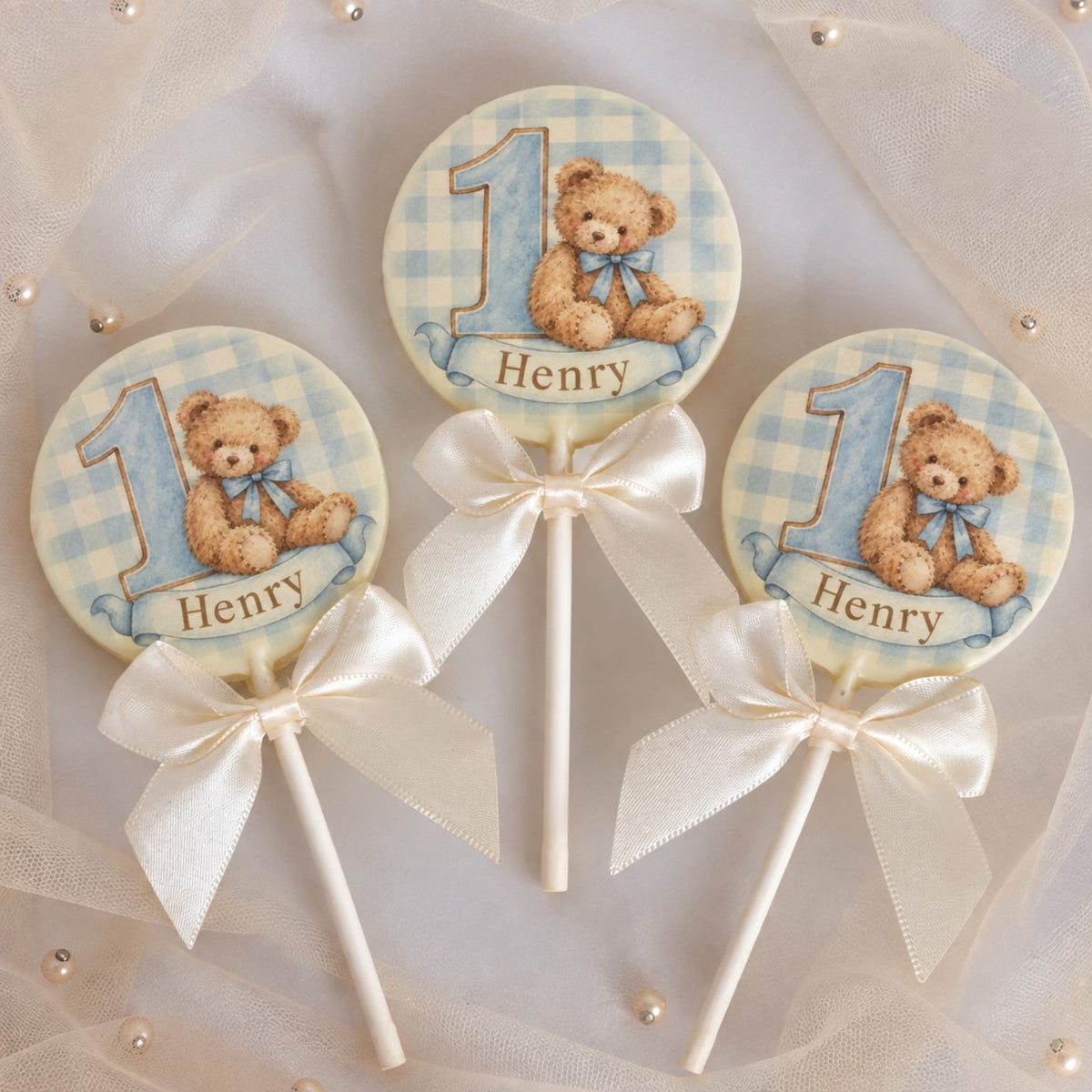 Personalised 1st Birthday Favours with Blue Teddy Bear Name and Age Printed Chocolate