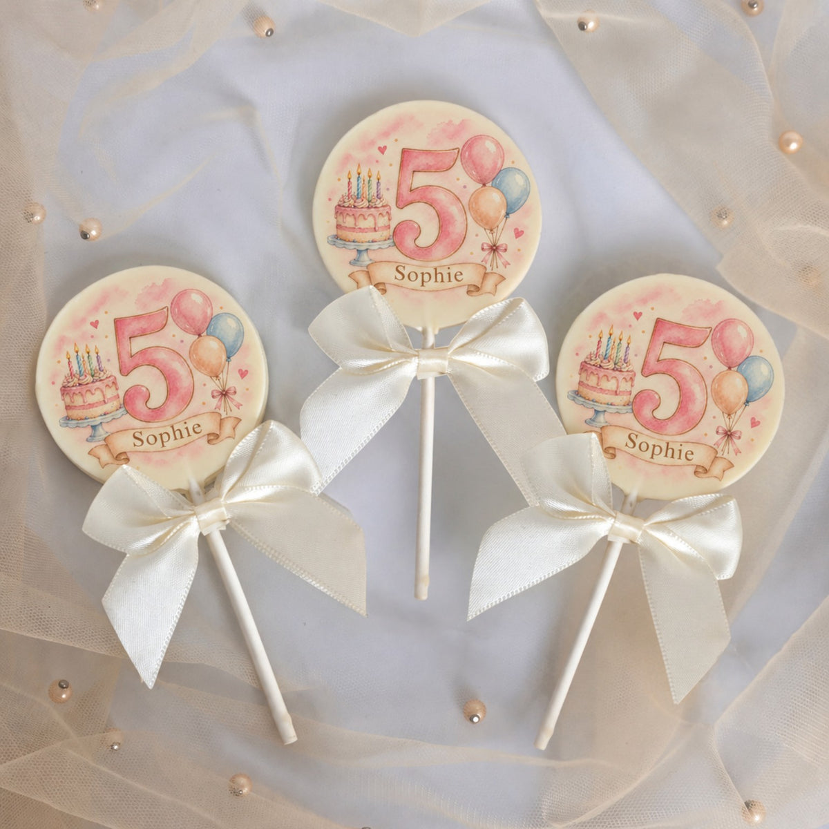 Personalised Cake and Balloons Name and Age Birthday Favours Printed Directly On To White Chocolate