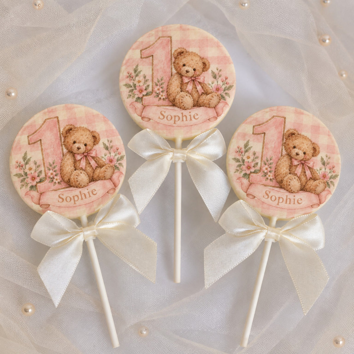 Personalised 1st Birthday Favours with Pink Teddy Bear Name and Age Printed Chocolate