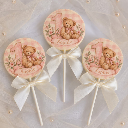 Personalised 1st Birthday Favours with Pink Teddy Bear Name and Age Printed Chocolate