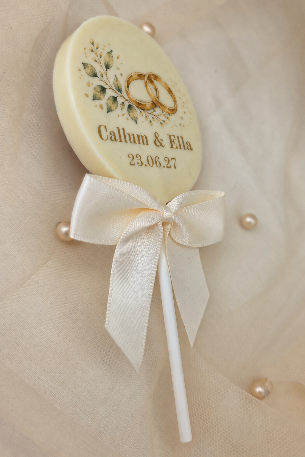 Personalised Love Story Wedding Favour Belgian Chocolate Lollipop