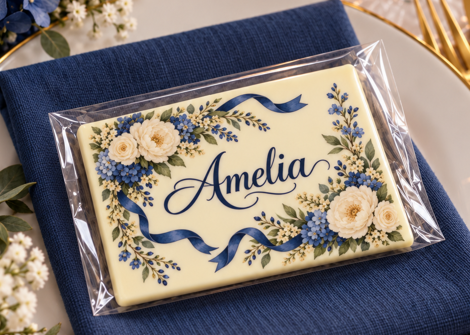 Personalised Navy Blue and Ivory Table Place Names and Wedding Favours