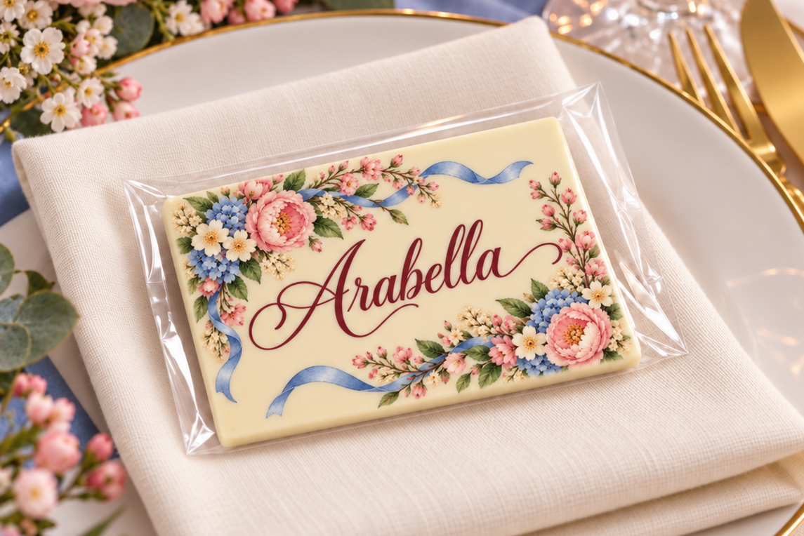 Personalised Blush Pink and Powder Blue Floral Table Place Names and Wedding Favours