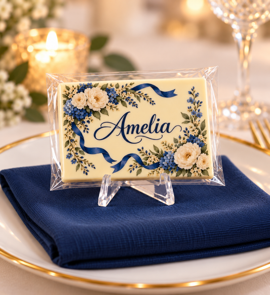 Personalised Navy Blue and Ivory Table Place Names and Wedding Favours