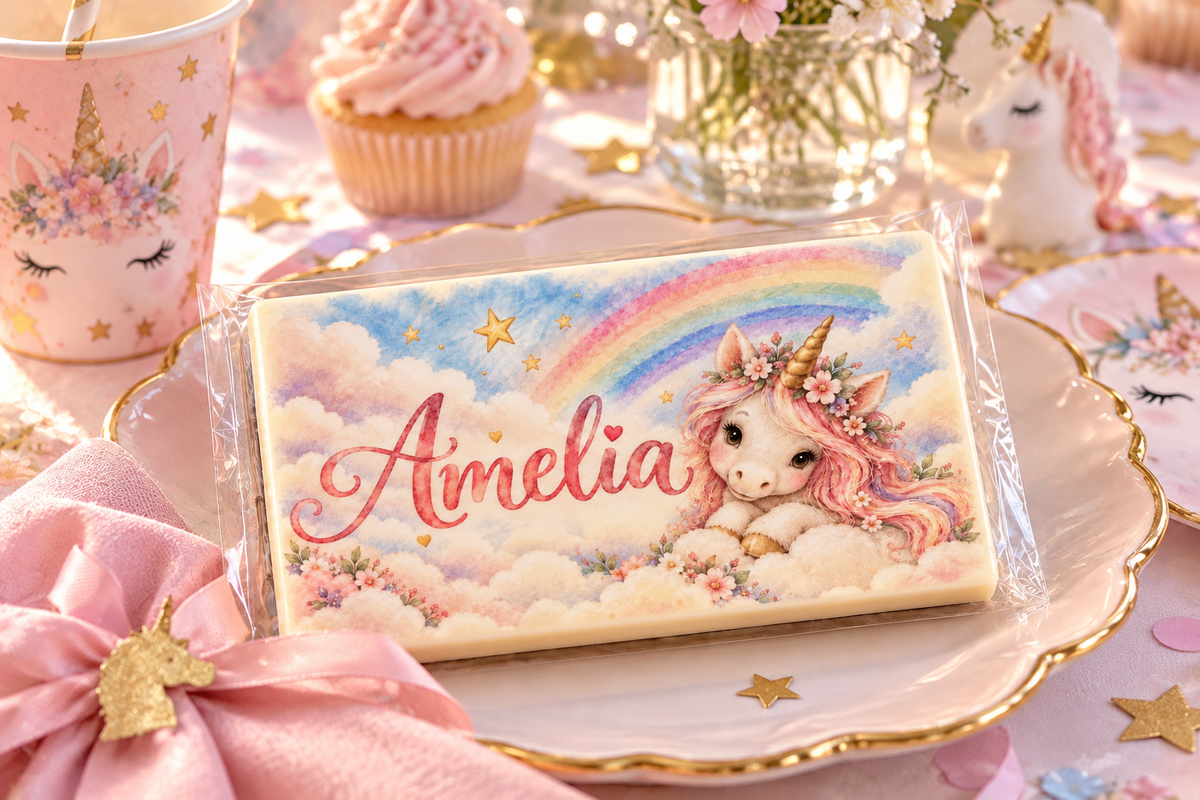 Personalised Unicorn Themed Birthday Table Place Names and Party Favours Printed on to the Chocolate with mini acrylic easels