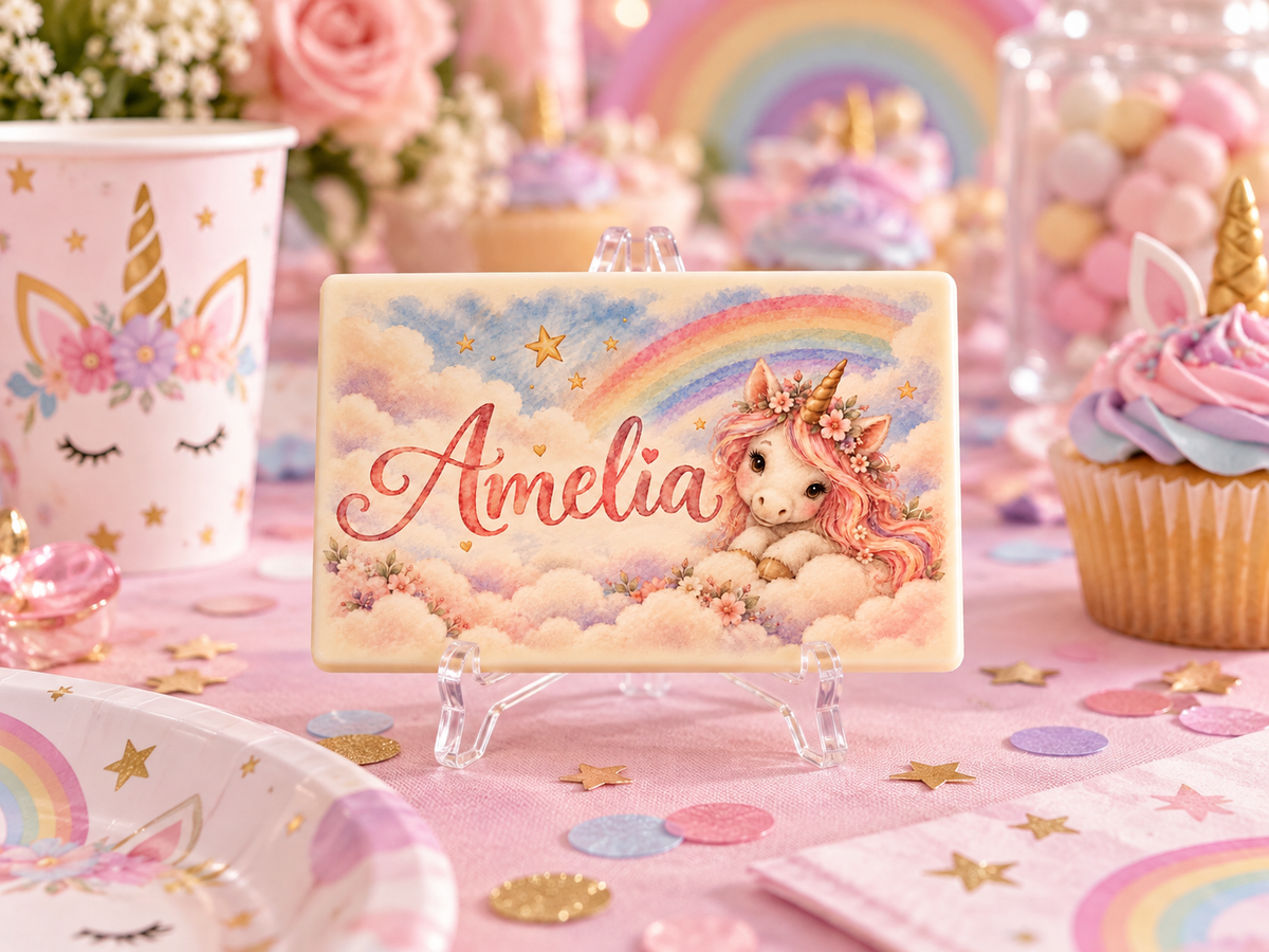 Personalised Unicorn Themed Birthday Table Place Names and Party Favours Printed on to the Chocolate with mini acrylic easels
