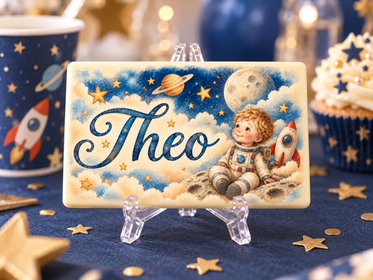 Personalised Space Themed Birthday Table Place Names and Party Favours Printed on to the Chocolate with mini acrylic easels