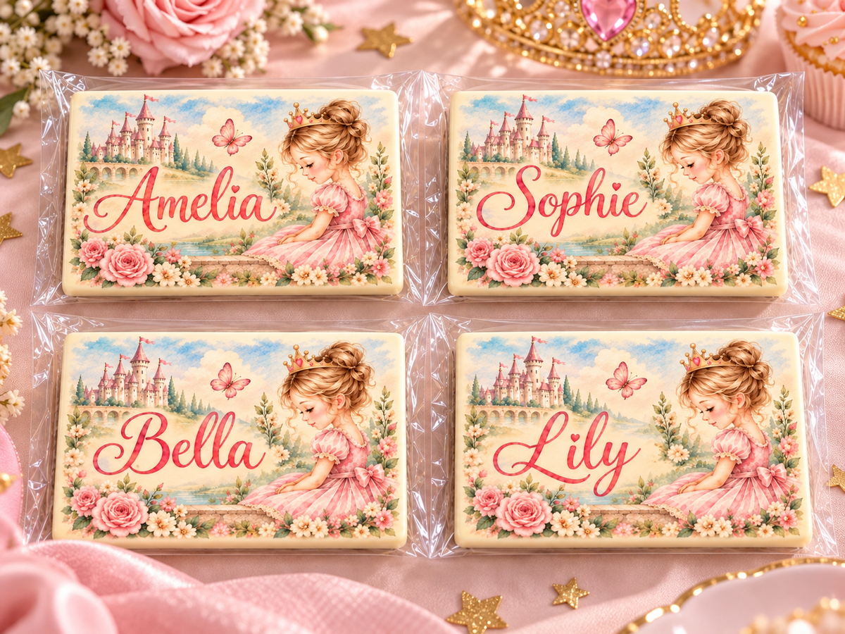 Personalised Princess Themed Birthday Table Place Names and Party Favours Printed on to the Chocolate with mini acrylic easels