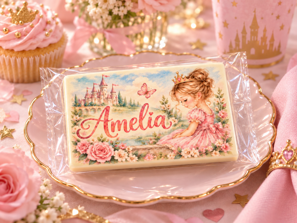 Personalised Princess Themed Birthday Table Place Names and Party Favours Printed on to the Chocolate with mini acrylic easels