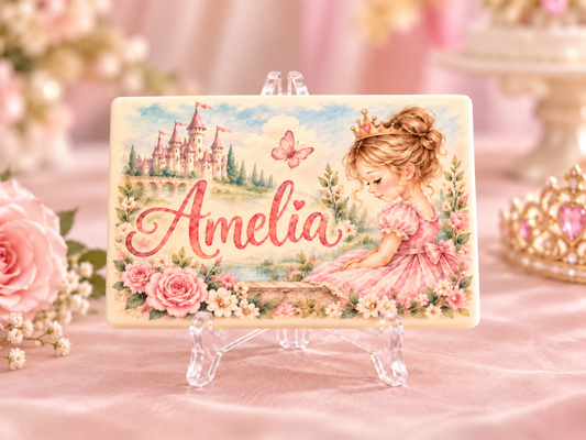 Personalised Princess Themed Birthday Table Place Names and Party Favours Printed on to the Chocolate with mini acrylic easels