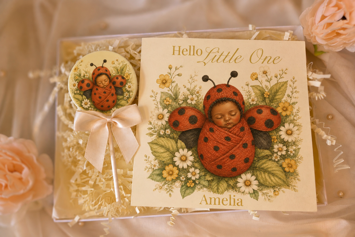 Personalised Sleeping Ladybird New Baby Card and Chocolate Gift Box