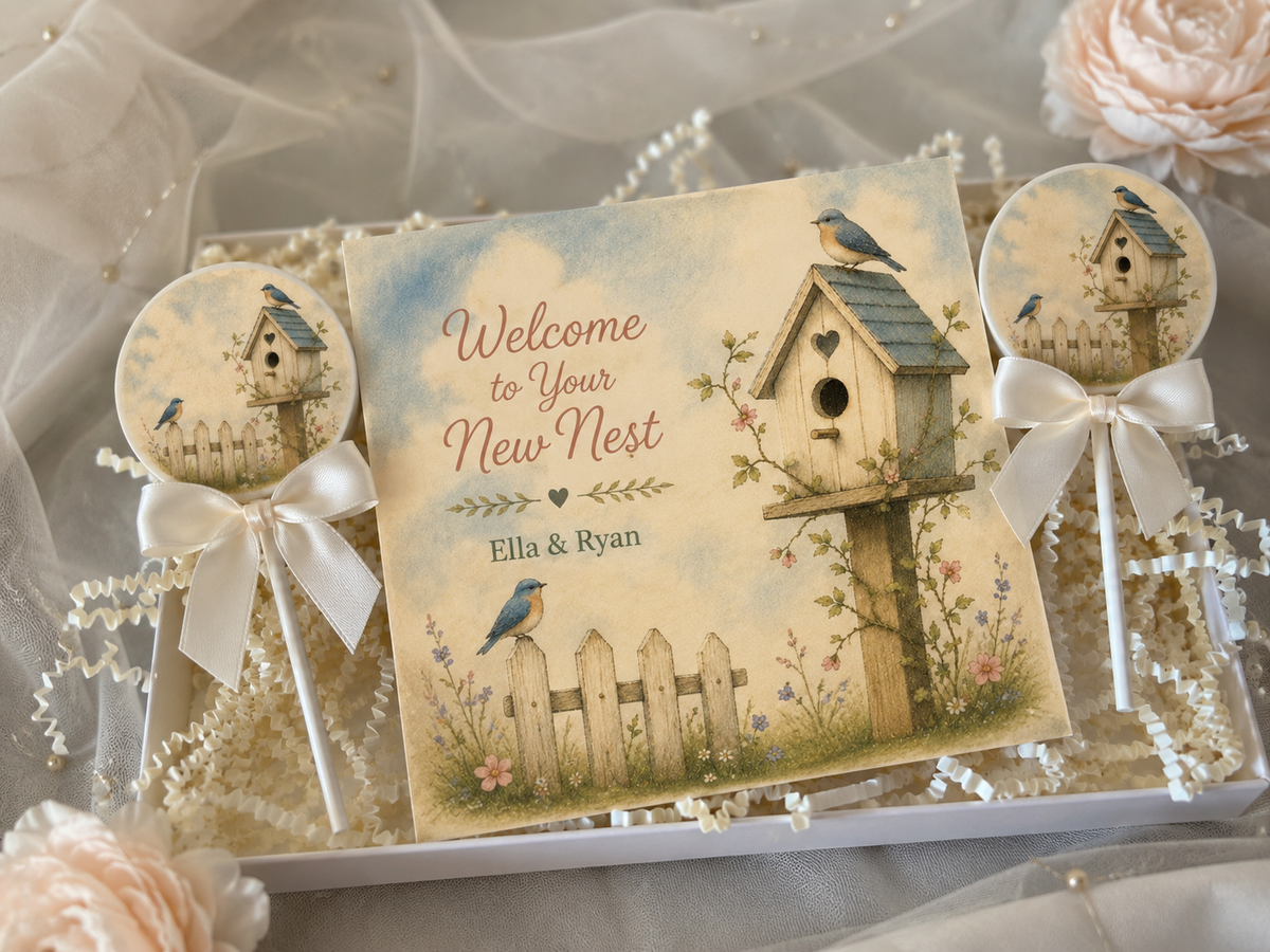 Personalised Bird House New Home Card and Chocolate Gift Box