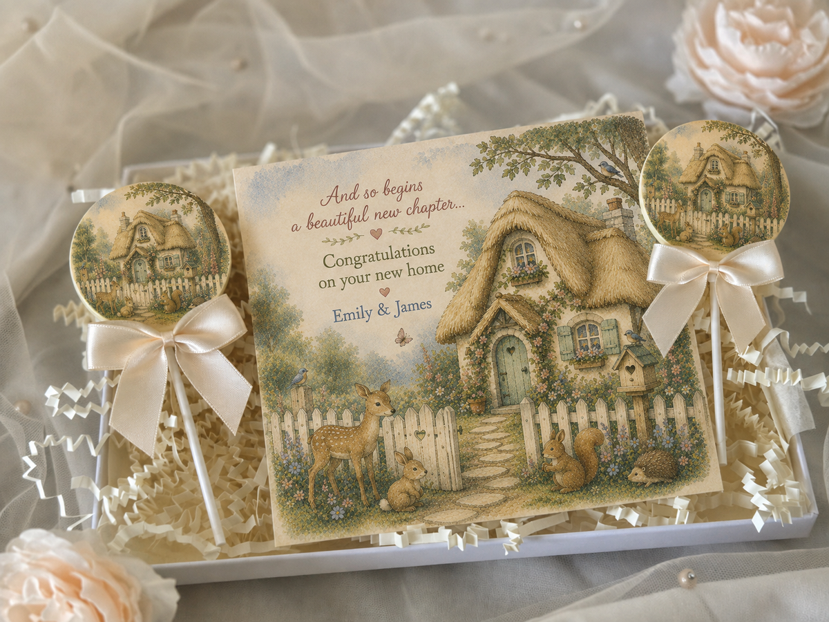 Personalised Fairytale New Home Card and Chocolate Gift Box
