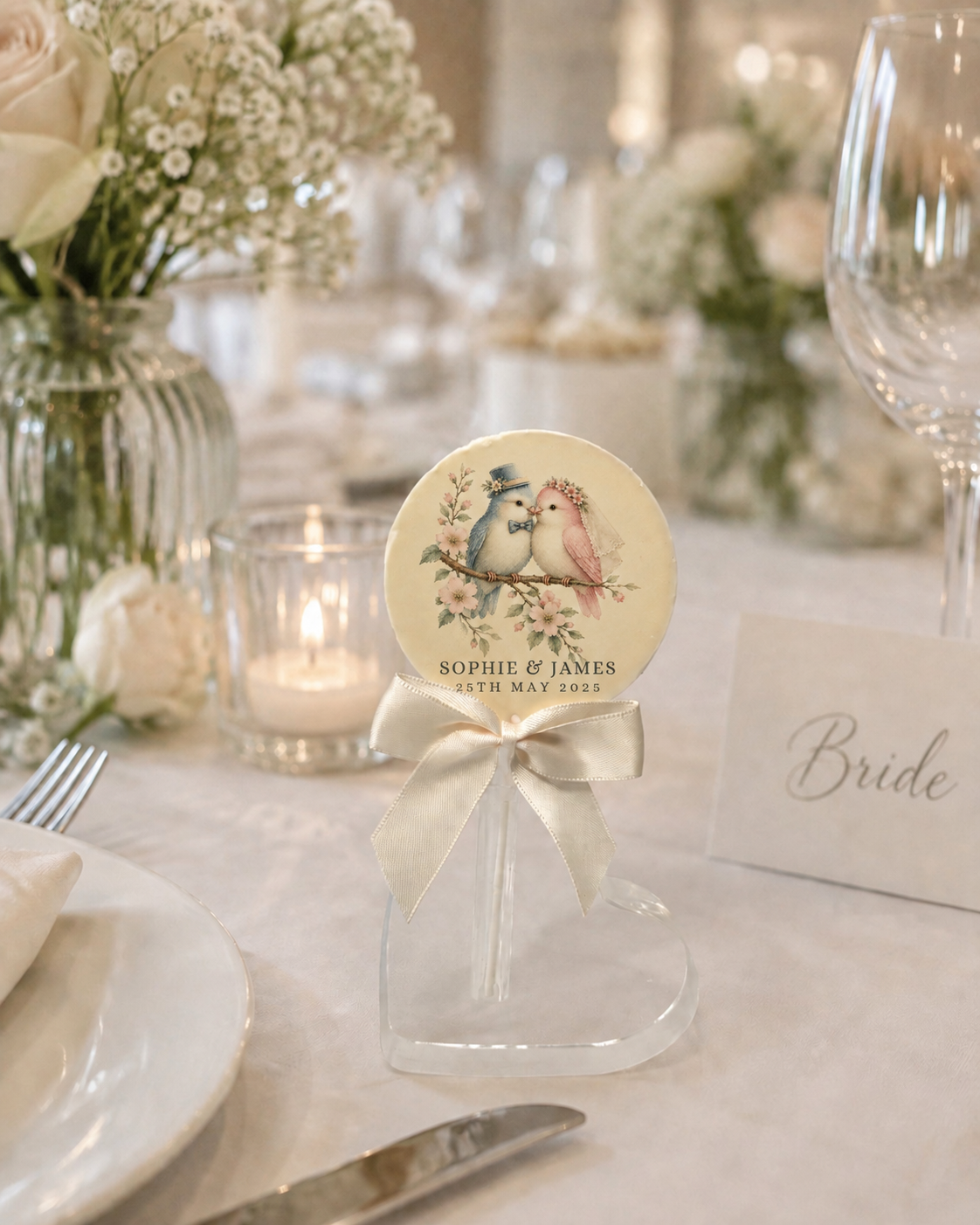 Personalised Illustrated Love Birds Wedding Favour Belgian Chocolate Lollipop