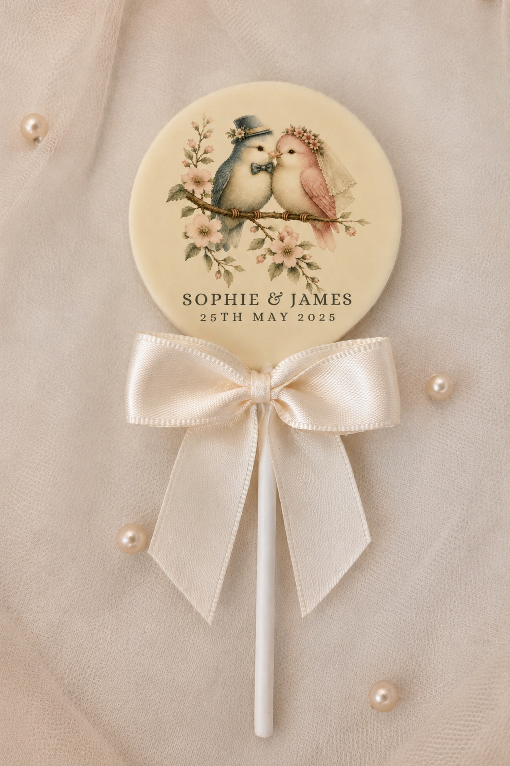 Personalised Illustrated Love Birds Wedding Favour Belgian Chocolate Lollipop