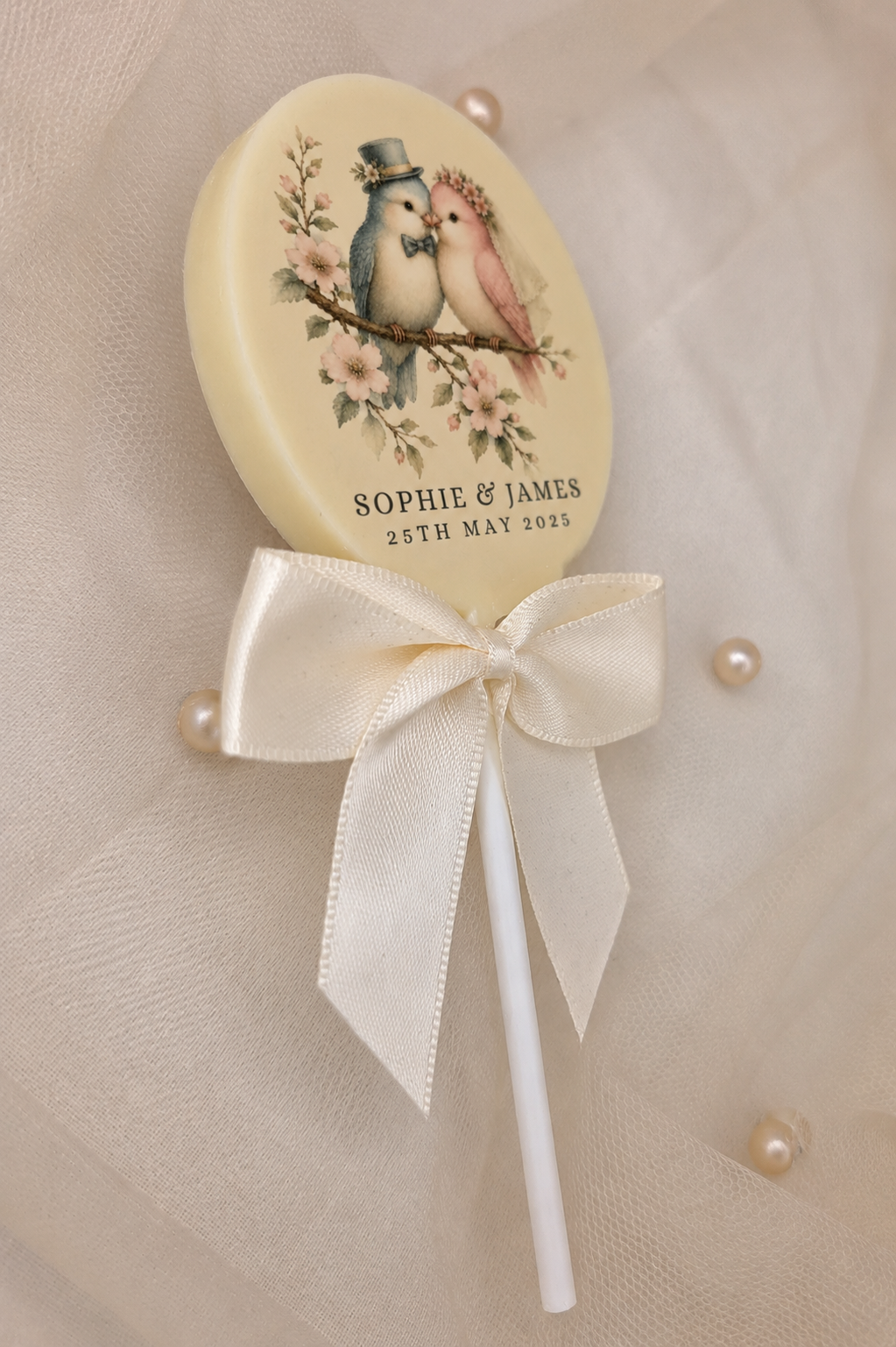 Personalised Illustrated Love Birds Wedding Favour Belgian Chocolate Lollipop