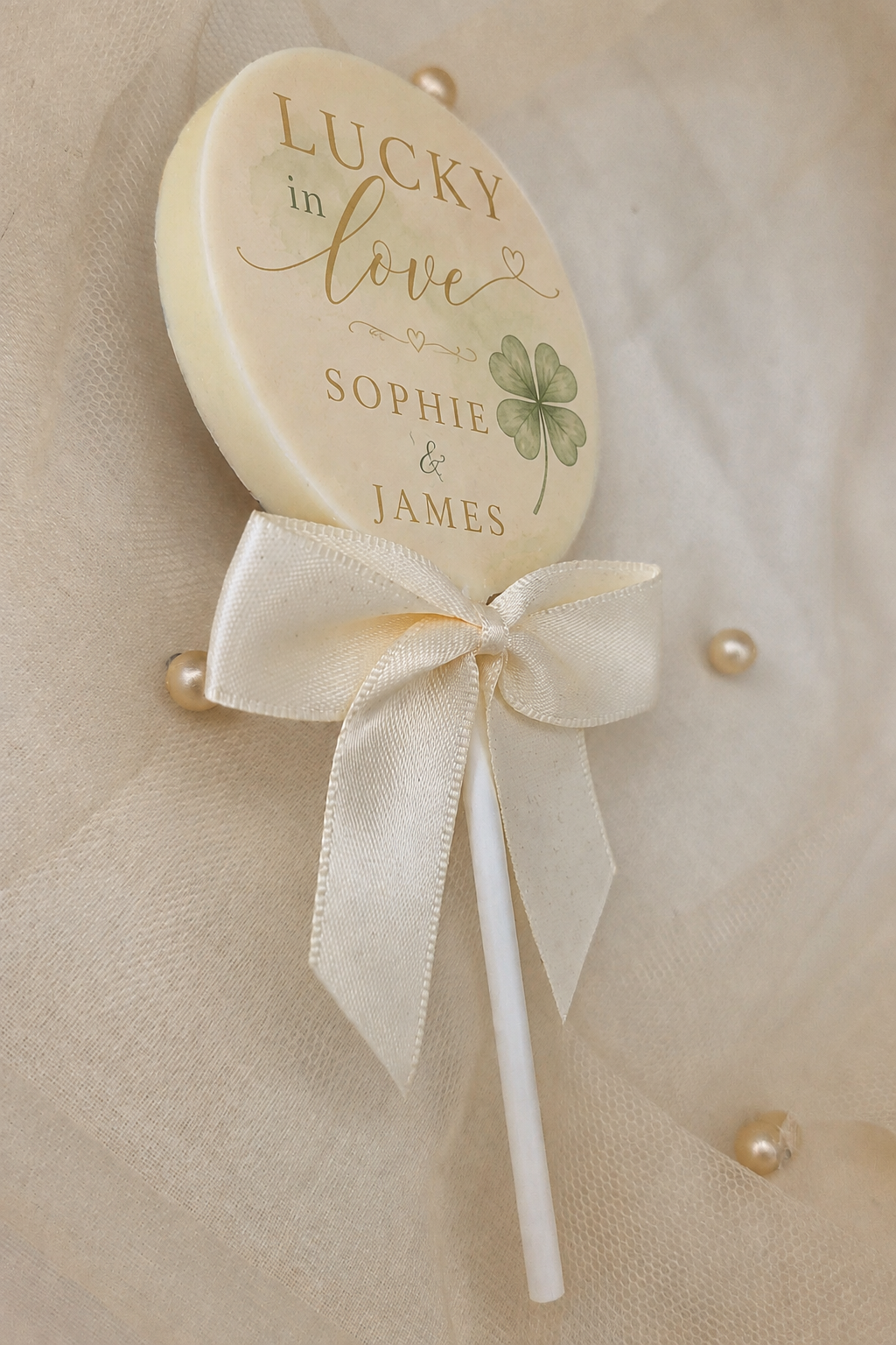 Personalised Lucky In Love Four Leaf Clover Wedding Favour Belgian Chocolate Lollipop