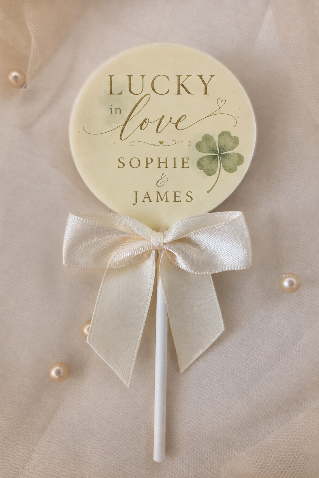 Personalised Lucky In Love Four Leaf Clover Wedding Favour Belgian Chocolate Lollipop