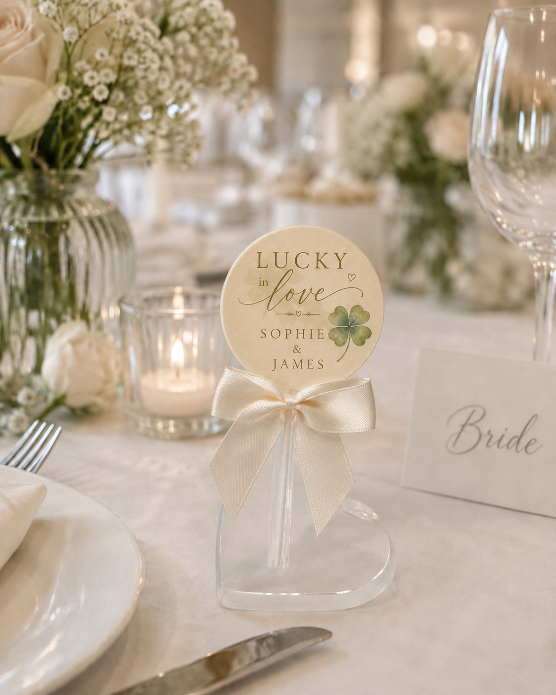 Personalised Lucky In Love Four Leaf Clover Wedding Favour Belgian Chocolate Lollipop