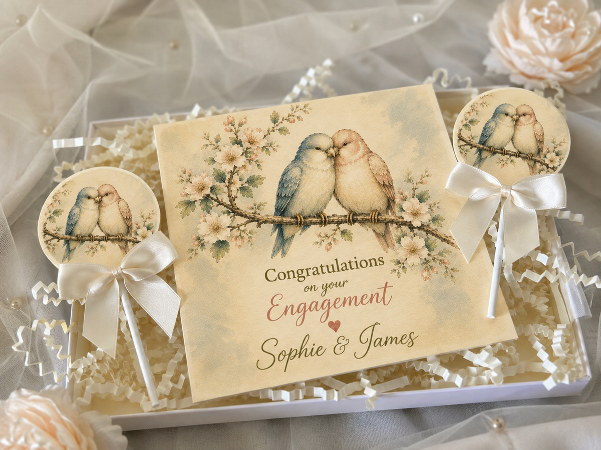Personalised Sweet Little Love Birds Engagement Card and Chocolate Gift Box
