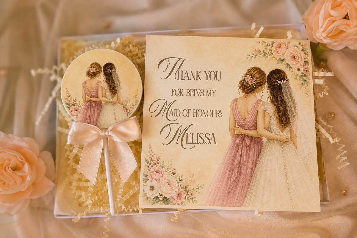 Personalised Thank You For Being My Maid of Honour Card and Chocolate Gift Box