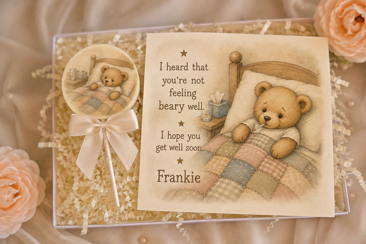 Personalised Patchwork Teddy Bear Get Well Soon Card and Chocolate Gift Box