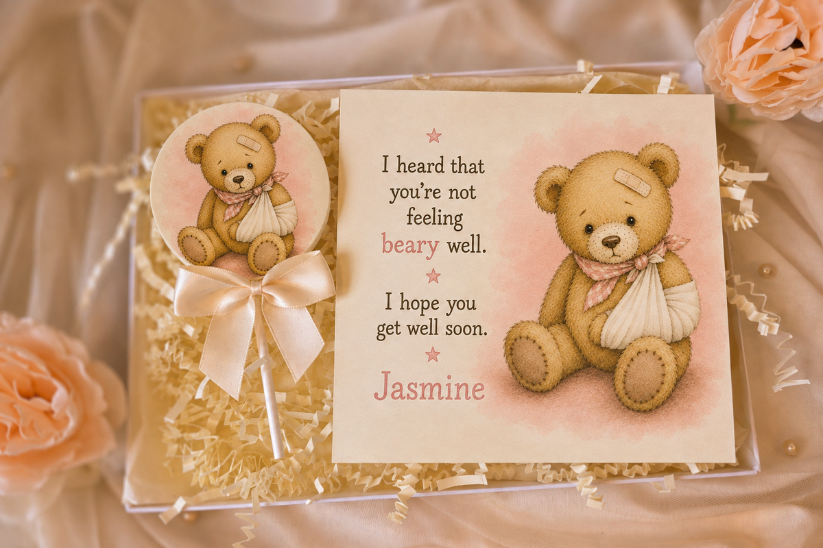 Personalised Pink Bear Get Well Soon Card and Chocolate Gift Box