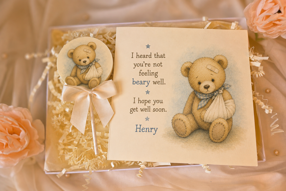 Personalised Blue Bear Get Well Soon Card and Chocolate Gift Box