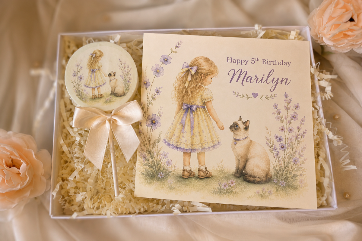 Personalised Little Girl and Cat Birthday Card and Chocolate Gift Box
