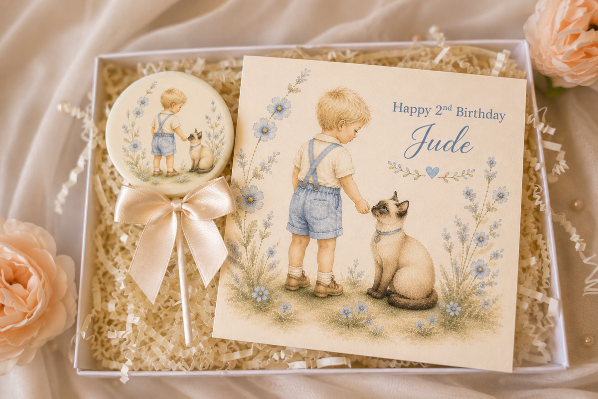 Personalised Little Boy and Cat Birthday Card and Chocolate Gift Box