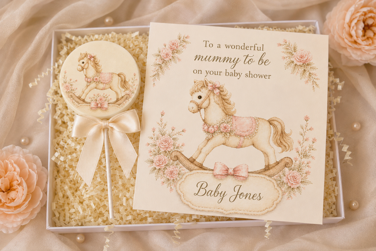 Personalised Pink Rocking Horse Baby Shower Card and Chocolate Gift Box