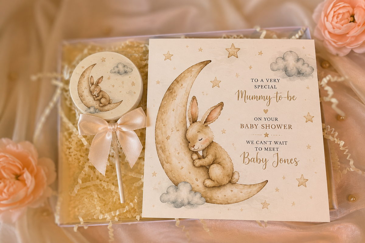 Personalised To The Moon Baby Shower Card and Chocolate Gift Box