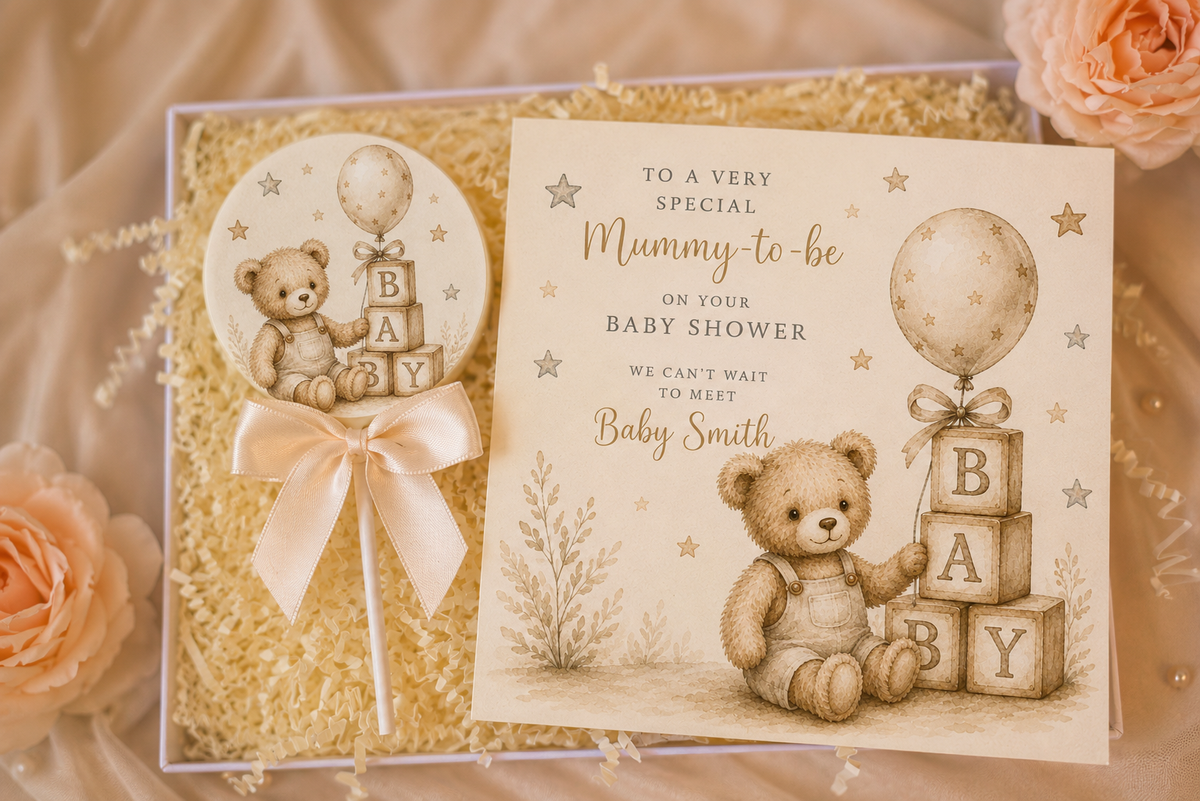 Personalised Little Brown Bear Baby Shower Card and Chocolate Gift Box
