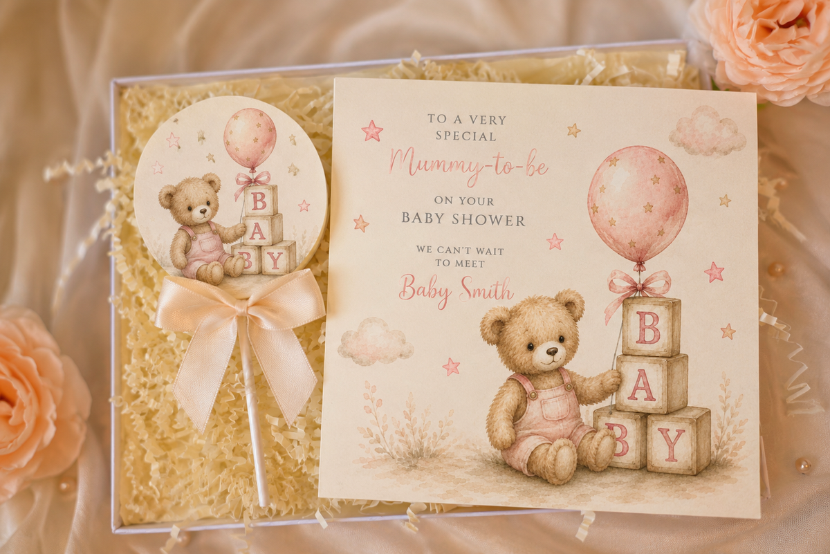 Personalised Little Pink Bear Baby Shower Card and Chocolate Gift Box