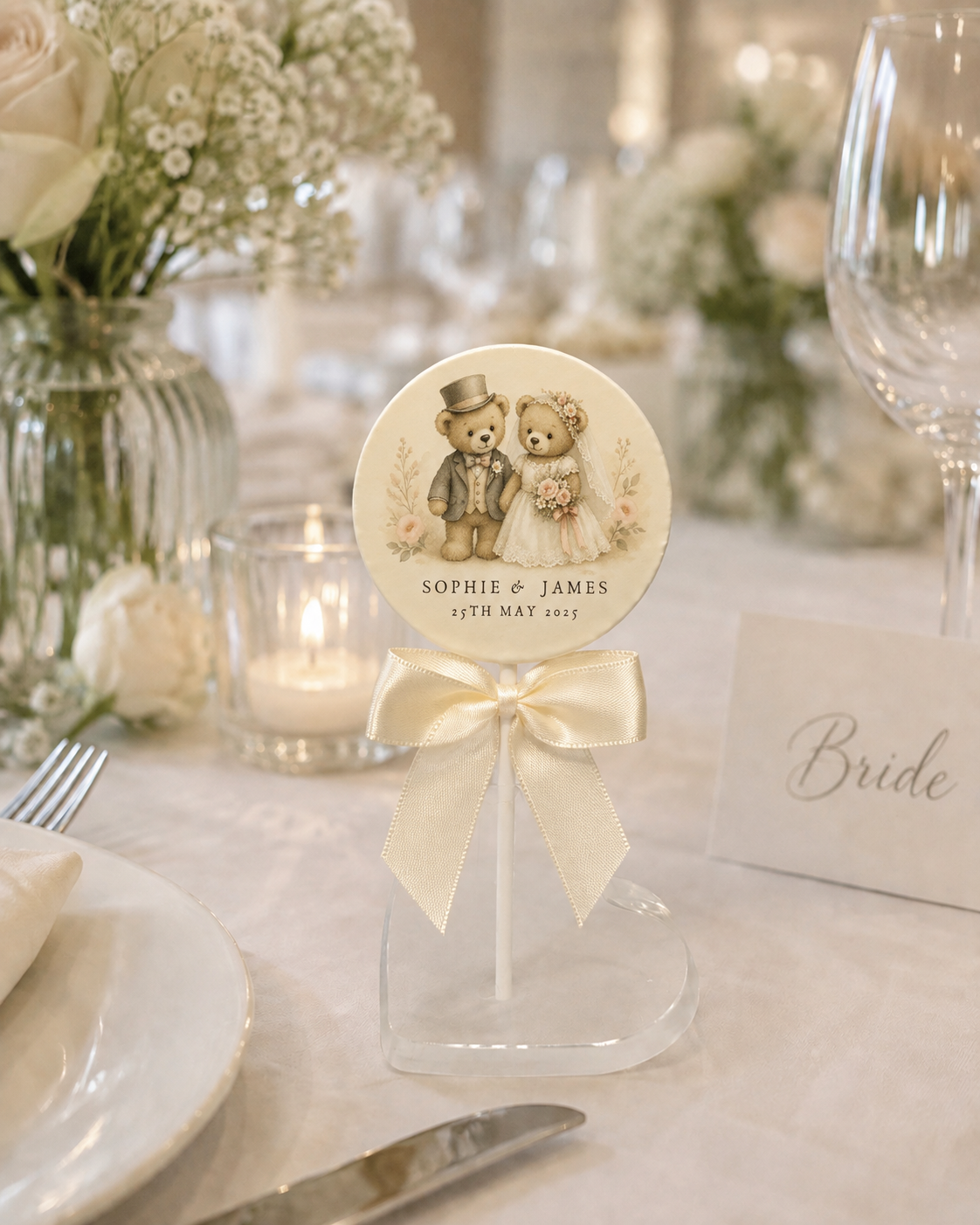 Personalised Teddy Bear Bride and Groom Wedding Favour Belgian Chocolate Lollipop