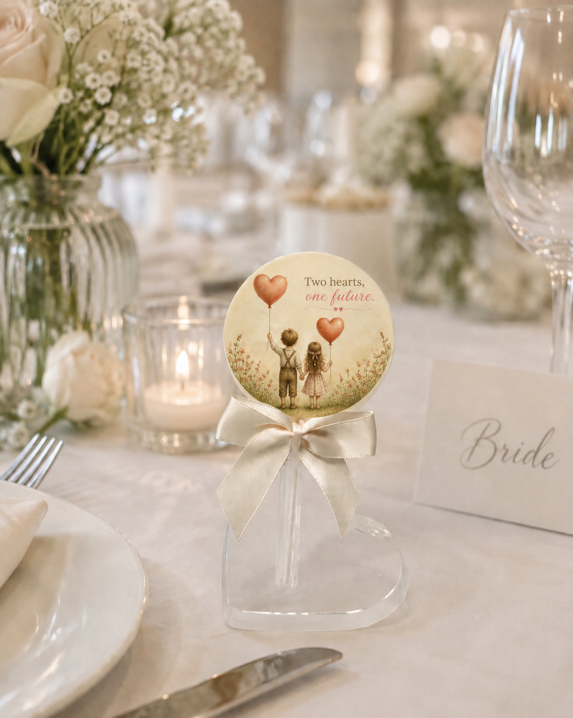 Personalised Wedding Favour Two Hearts One Future Belgian Chocolate Lollipop