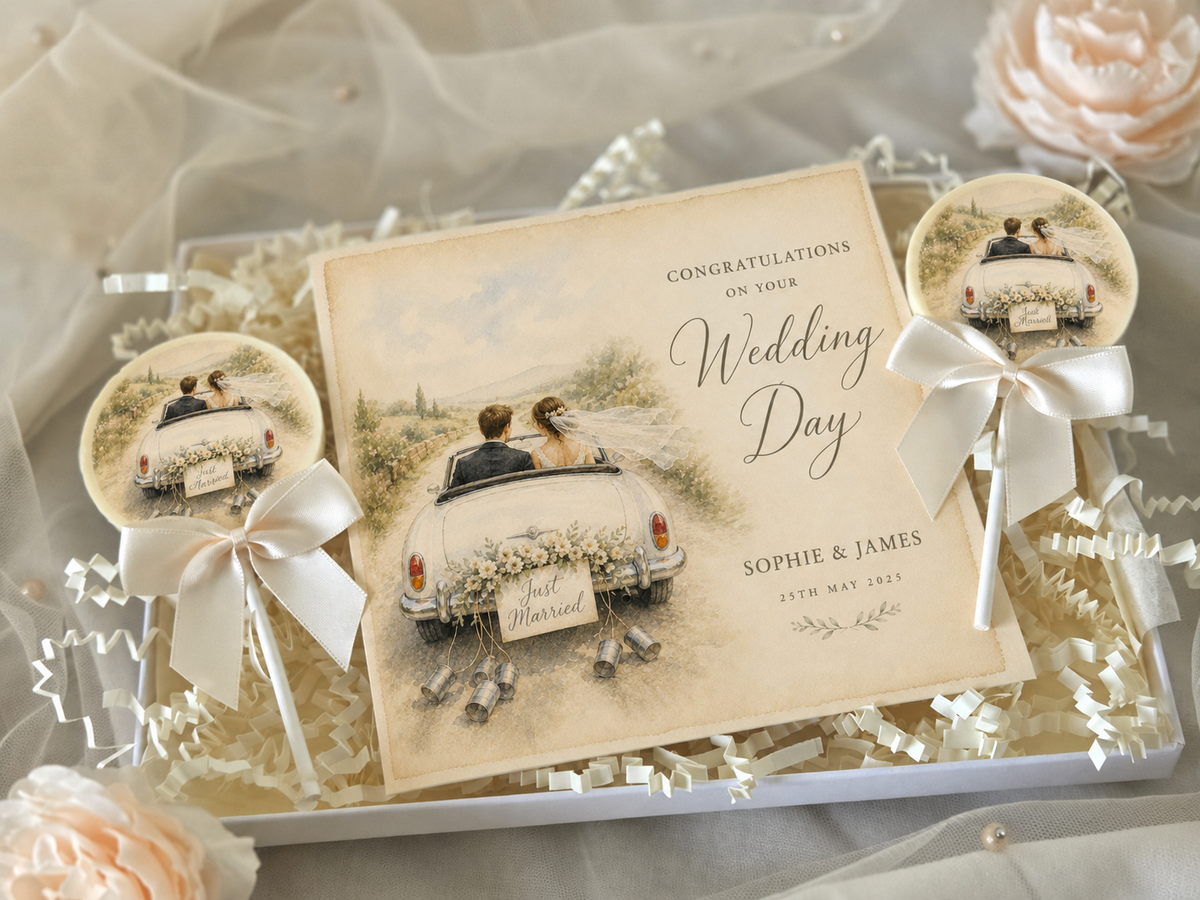 Personalised Just Married Wedding Day Card and Chocolate Gift Box
