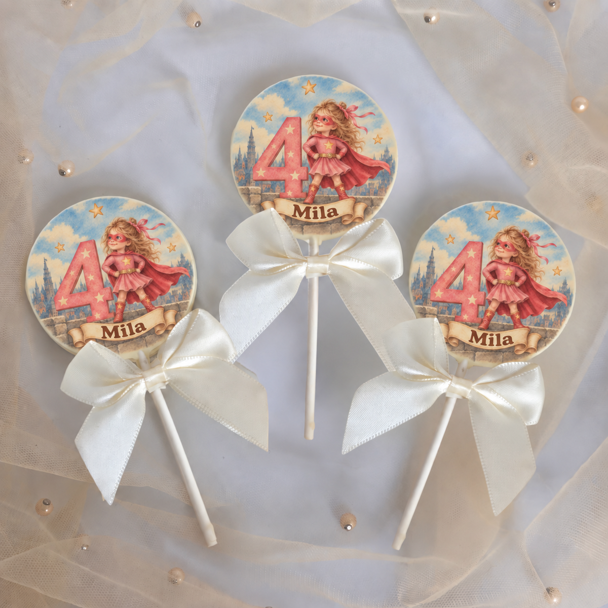 Personalised Superhero Girl Themed Birthday Party Favours Printed on to the Chocolate